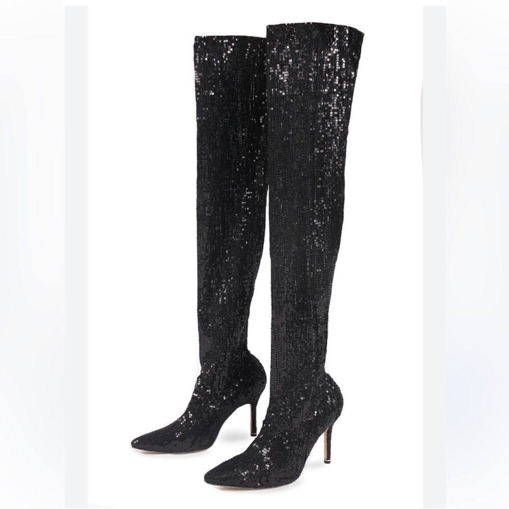 Vintage - Manolo Blahnik - Black Sequin Thigh Hugh Heeled Boots - size 39.5